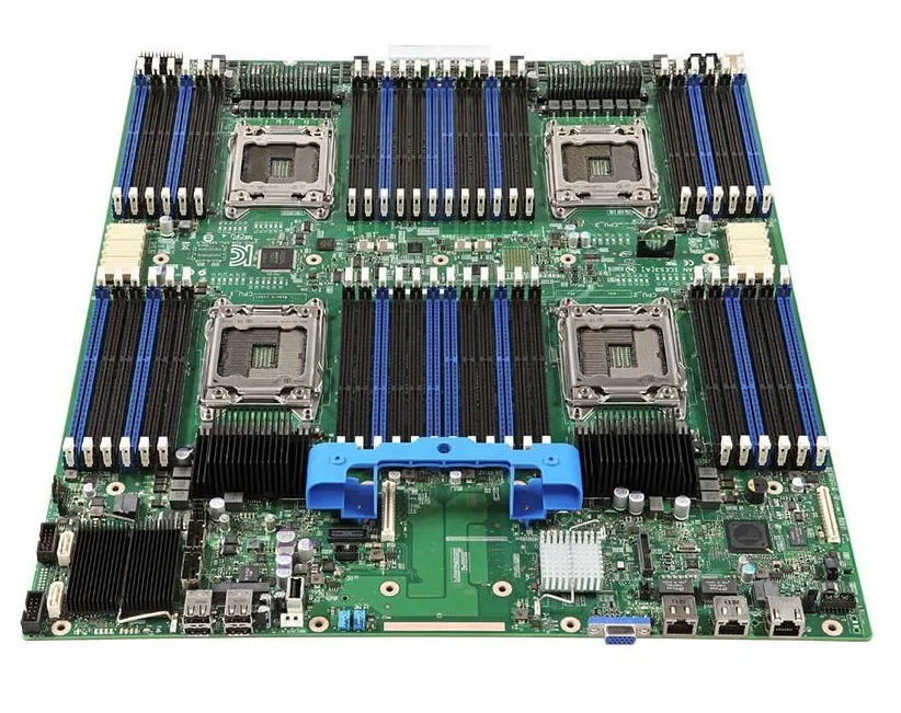 Green server motherboard with large LGA-2011 socket, many DDR3 slots and multiple PCIe x16 slots