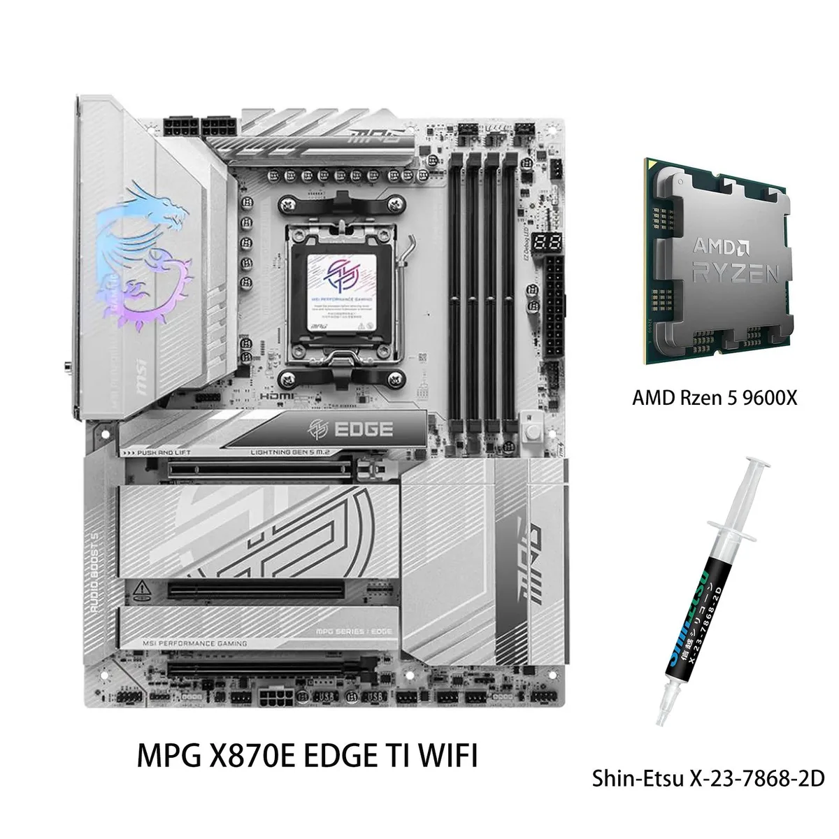ATX motherboard in dark finish with large heatsinks, CPU socket and four DDR5 slots visible