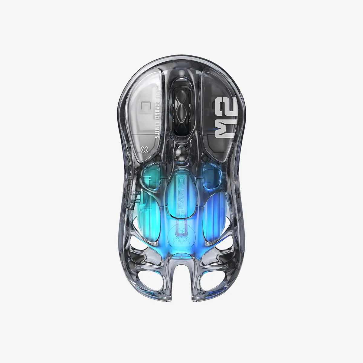 Transparent black gaming mouse with skeletal magnesium frame, hollowed-out design visible through clear shell