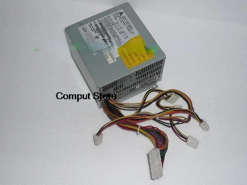 Rectangular silver metal power supply unit with rear fan grille and side label