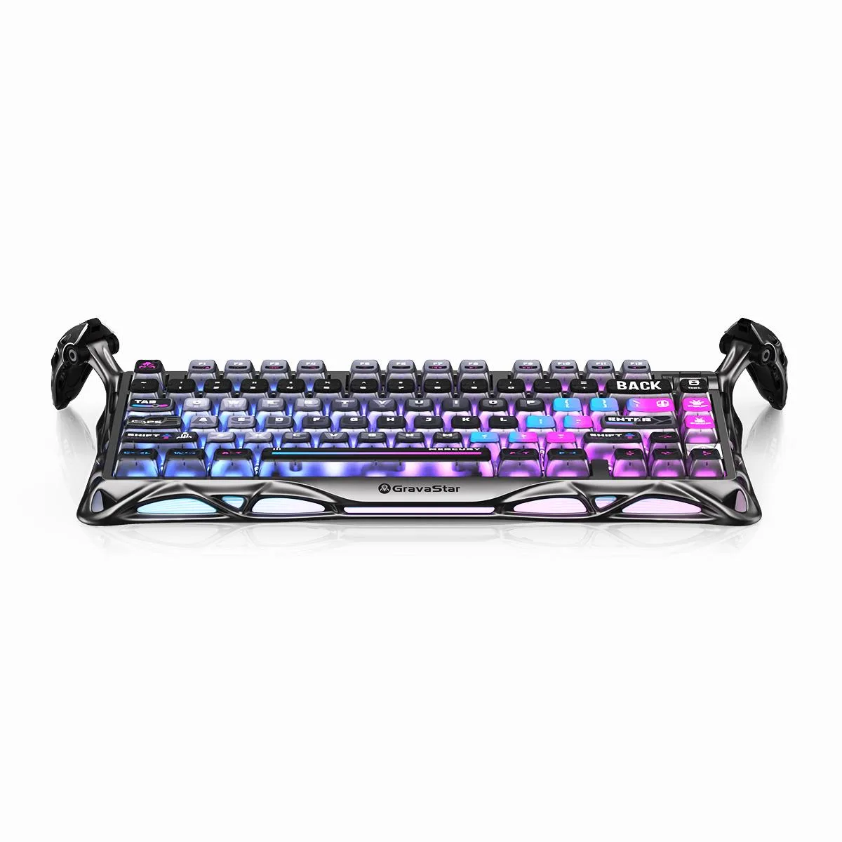 Aluminium-framed 75% keyboard, pudding PBT keycaps, Cyberpunk colourway, rotary knob