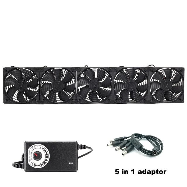 Five black 120mm square DC fans with controller and splitter