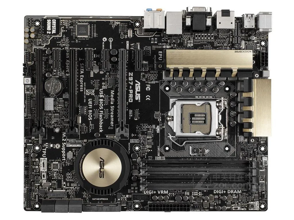 ATX motherboard with black PCB and silver heatsinks