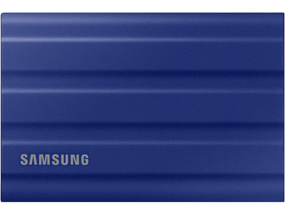 Blue rectangular portable SSD with rugged rubberised edges and smooth matte top