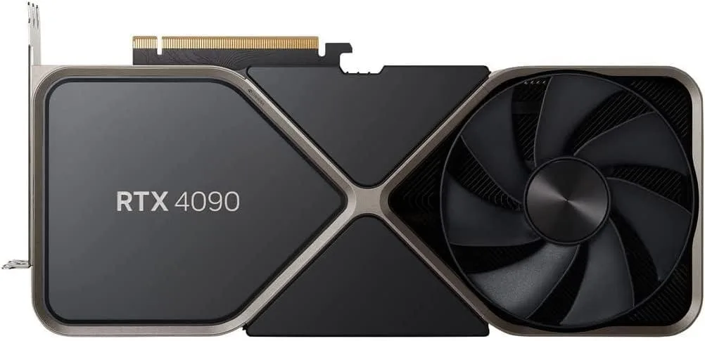 NVIDIA RTX 4090 Founders Edition graphics card with dual axial fans and silver metal shroud
