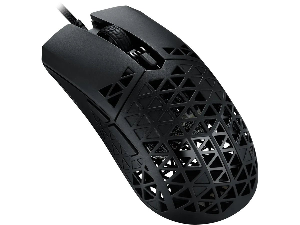 Lightweight black wired gaming mouse with perforated shell and braided cable