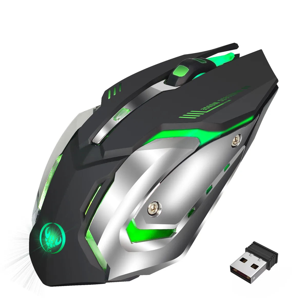 Black right-handed wireless gaming mouse with five buttons and a scroll wheel, matte finish