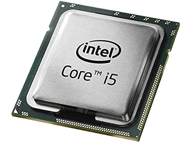 Square green processor with gold contact pads and silver heat spreader marked i5-9600K