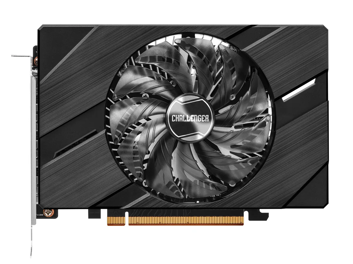 Compact full-height graphics card with single striped axial fan in dark finish