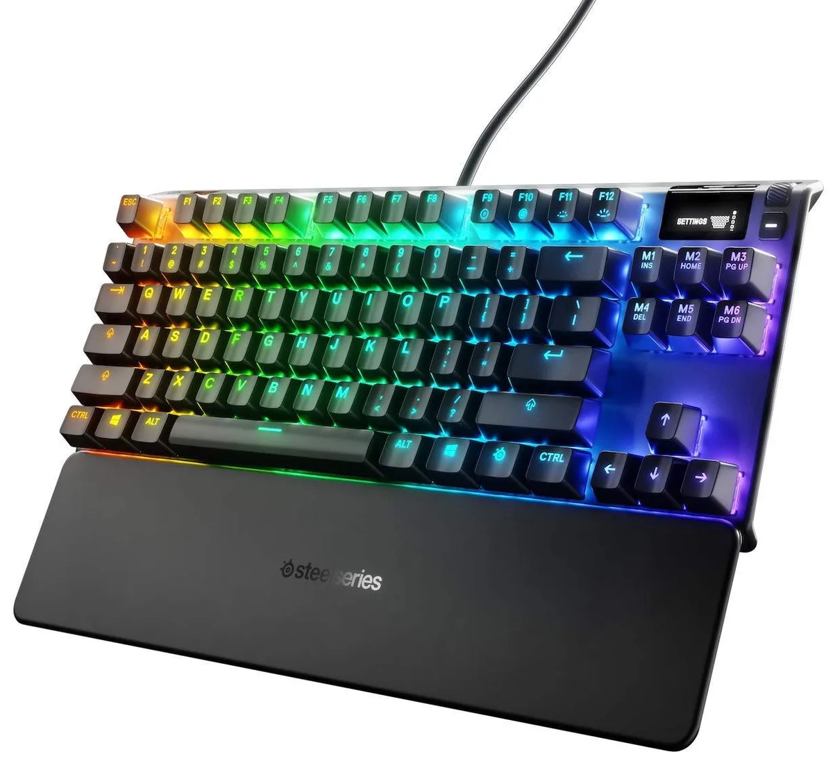 Black tenkeyless mechanical keyboard with aluminum frame, detachable wrist rest, OLED display and per-key RGB lighting