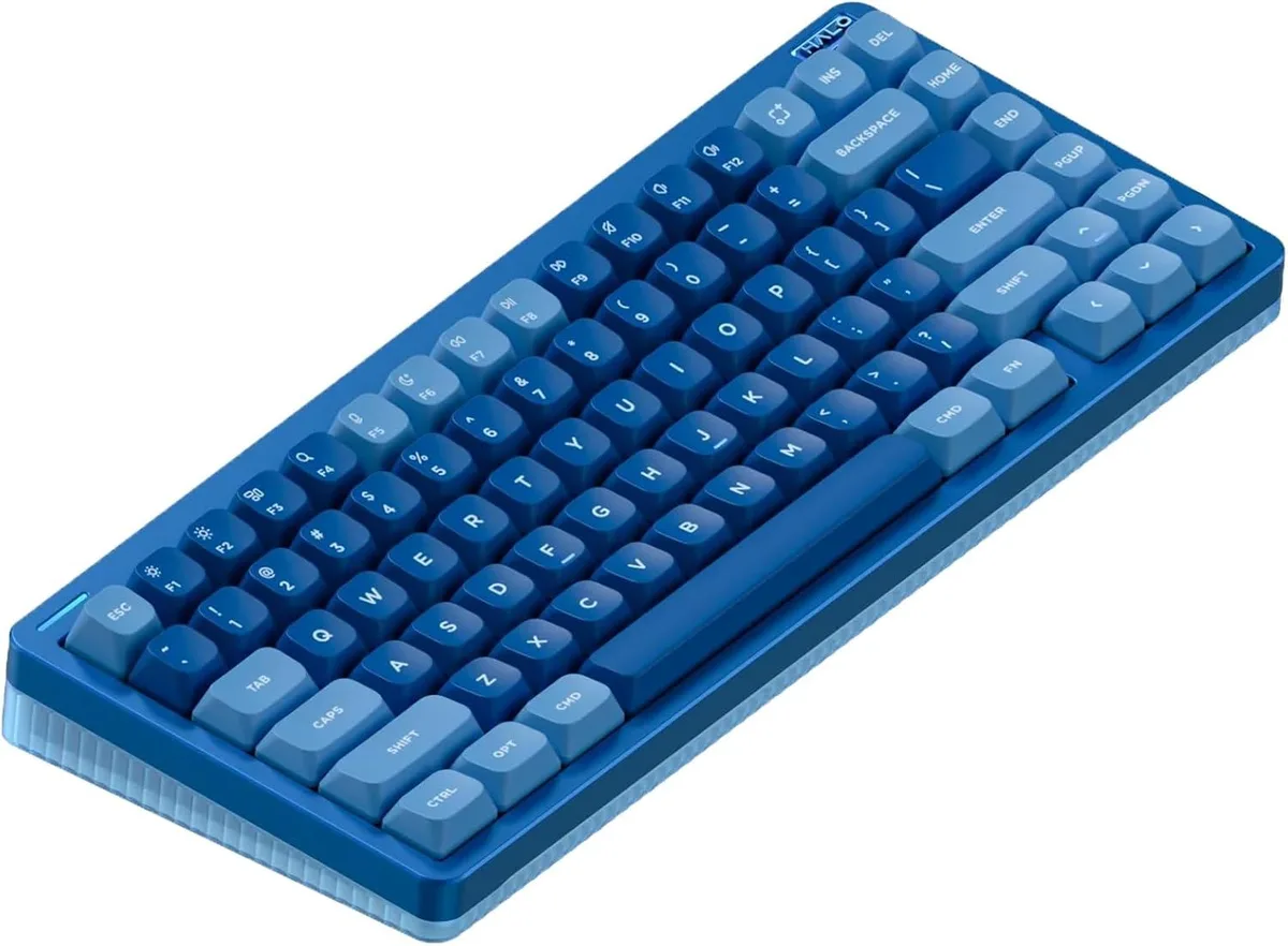 75 percent wireless gaming keyboard with aluminium top shell and blue raspberry keycaps