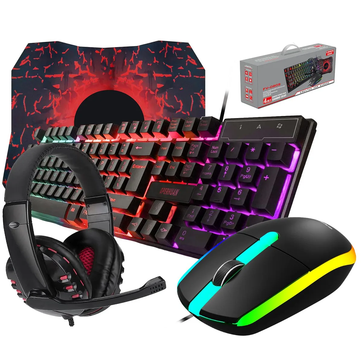 Black wired gaming keyboard with rainbow backlighting, matching mouse, headset and mouse mat in a four-piece set