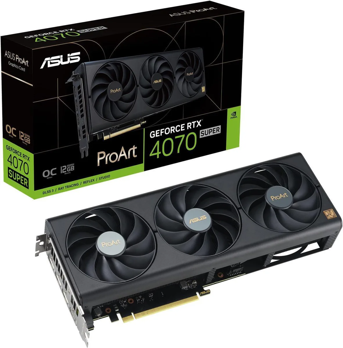 ASUS ProArt RTX 4070 SUPER graphics card with triple-fan cooler and metal backplate