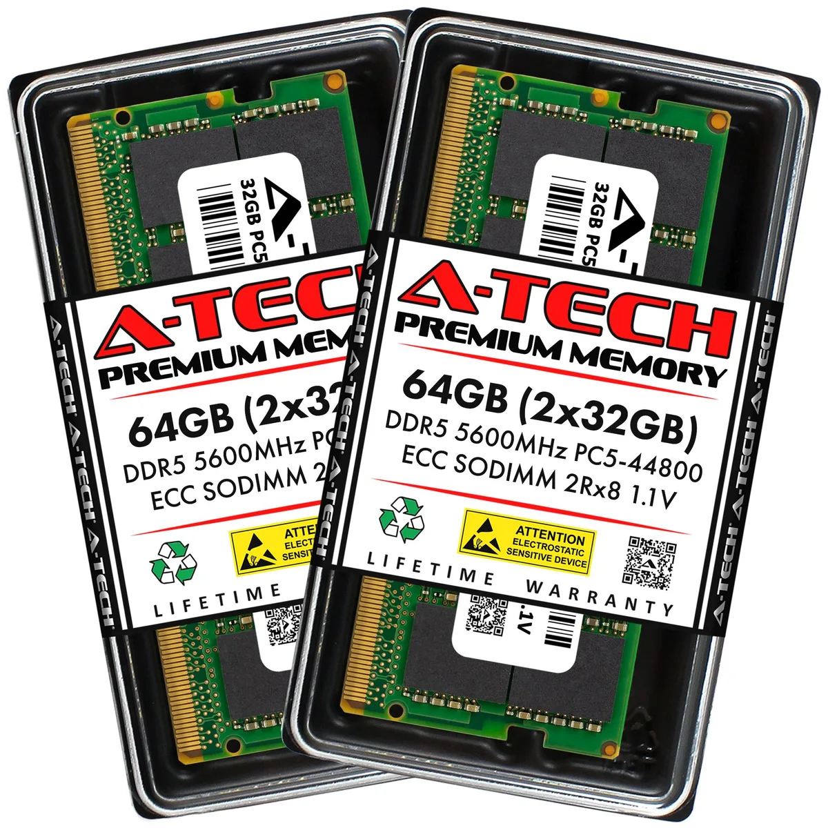 Two green DDR5 SO-DIMM modules side by side, black chips on bare circuit board, gold edge connectors, no heat spreader