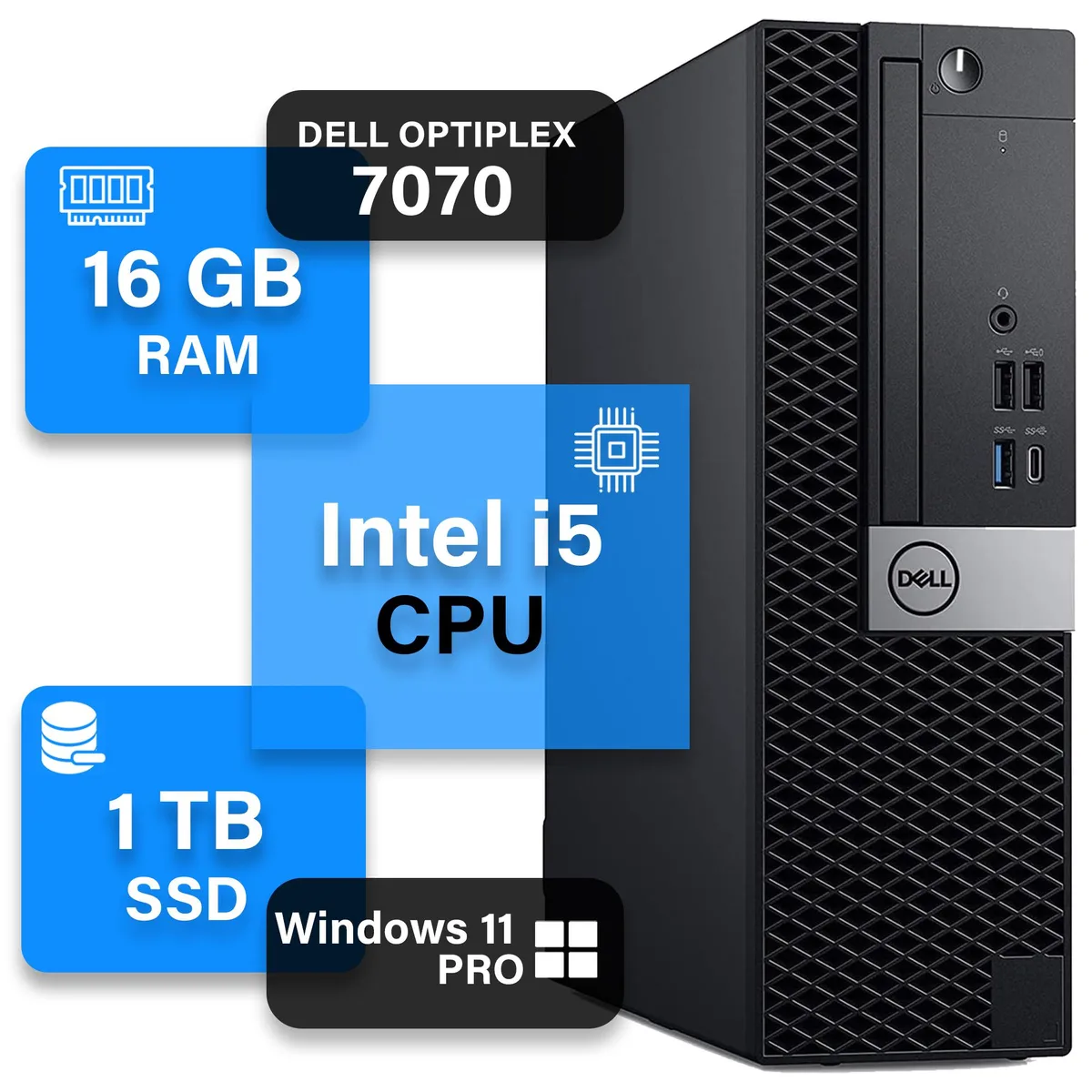 Compact black small form factor desktop tower with keyboard and mouse