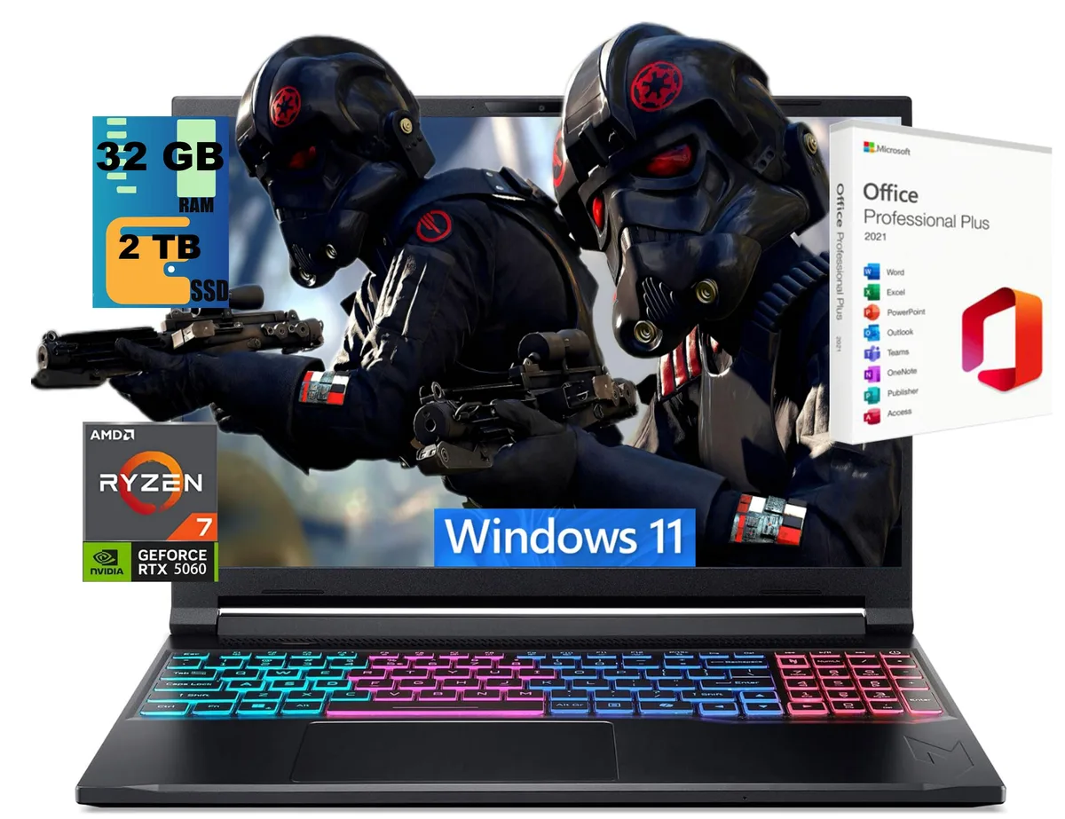 Black 16 inch gaming laptop with 180Hz display and RGB keyboard