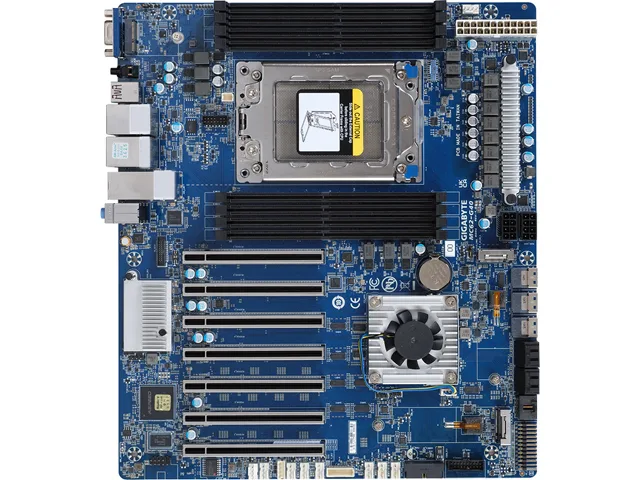 Green rectangular server motherboard with eight DDR4 slots and seven PCIe 4.0 slots