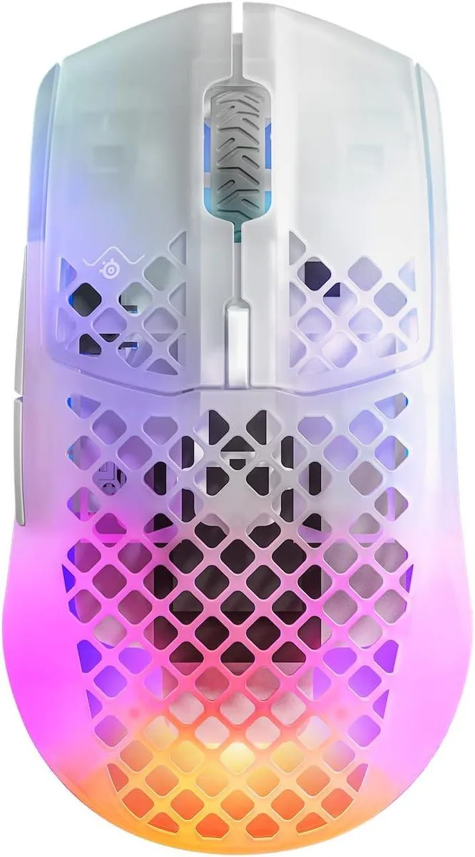 Semi-transparent frosted honeycomb gaming mouse in Ghost finish, right-handed shape, 68g