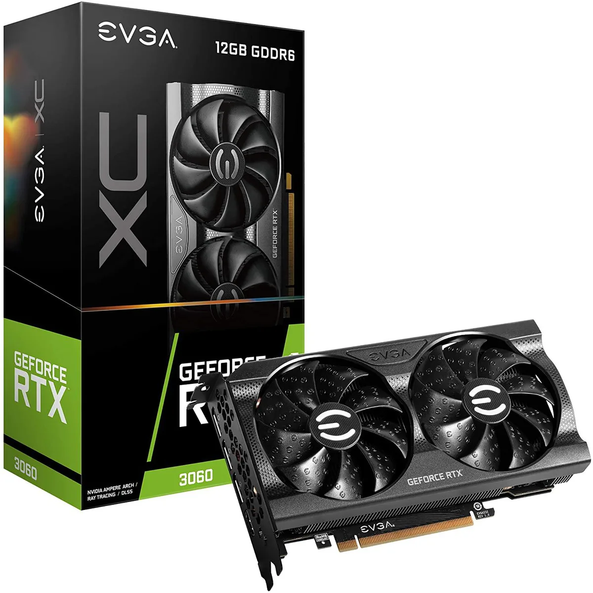 EVGA GeForce RTX 3060 XC dual-fan card with metal backplate