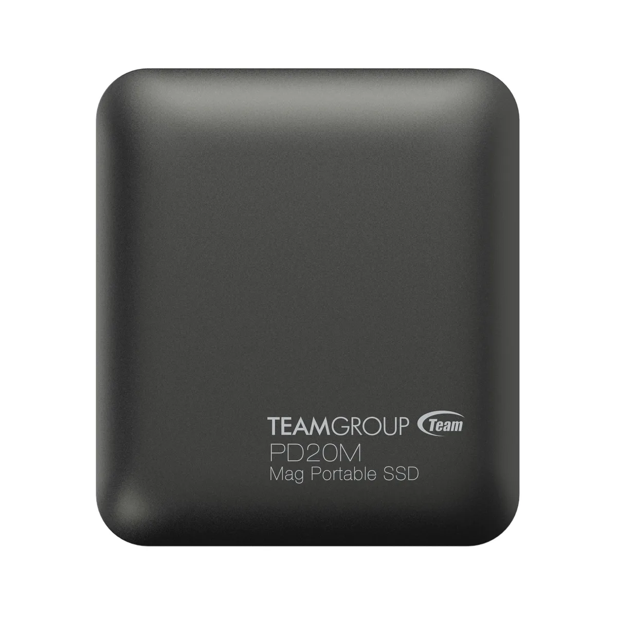 Rectangular black portable SSD with rounded edges, USB-C cable attached