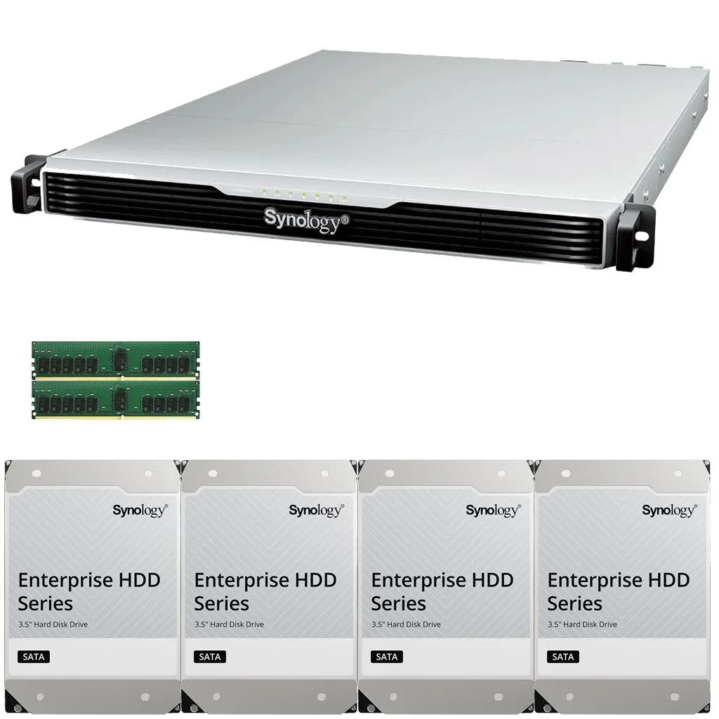 Silver 1U rackmount NAS, four drive bays, front LEDs, two power cables included