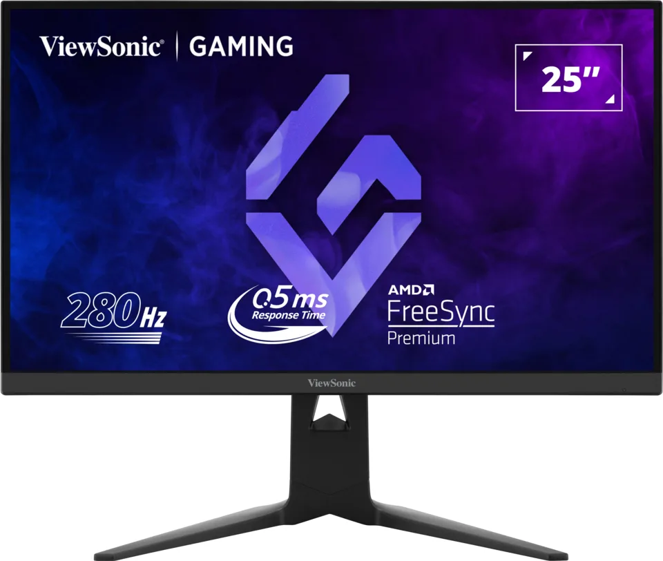 Black 25 inch gaming monitor with thin bezels and RGB lighting on the back
