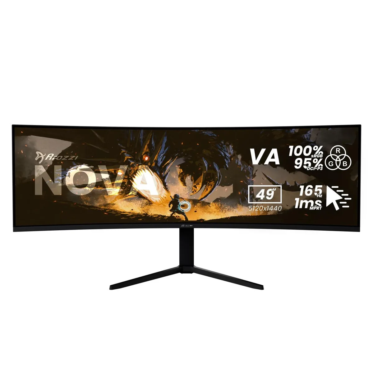 Black 49-inch curved ultrawide gaming monitor with thin bezels and RGB backlight ring