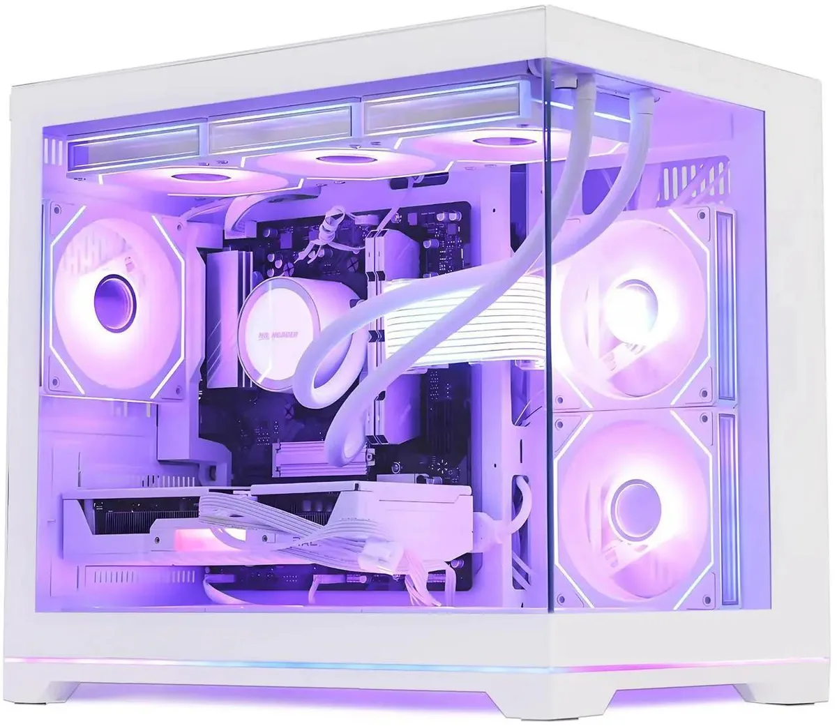 White mid-tower gaming desktop with 360 mm liquid cooler and ARGB fans