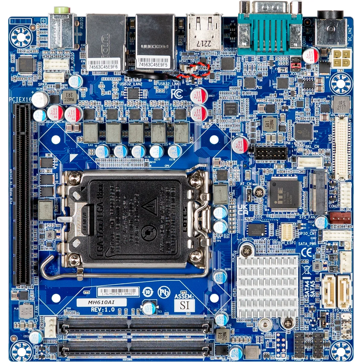 Compact Mini-ITX industrial motherboard, dark PCB with silver heatsinks, rear I/O cluster visible
