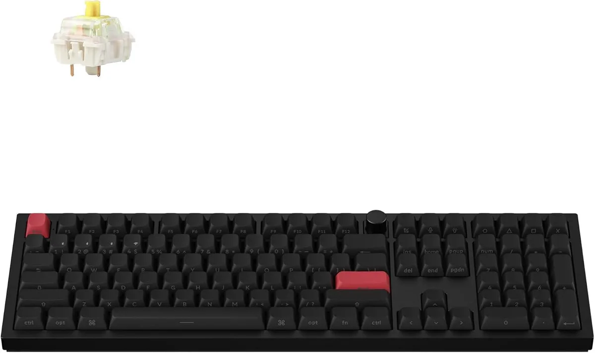Black full-size mechanical keyboard with metal case and rotary knob