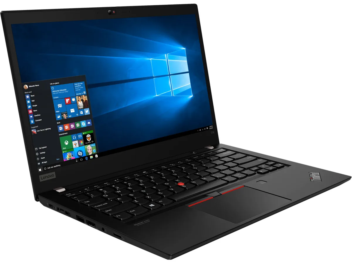 Glossy black ThinkPad T14 laptop closed, 14 inch non-touch screen visible
