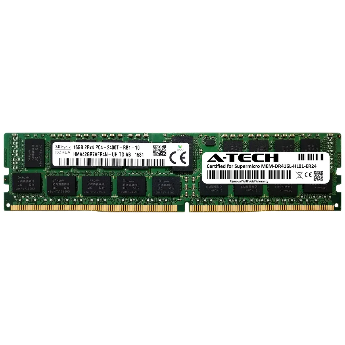 Green rectangular DDR4 server memory module with gold contacts and black chips