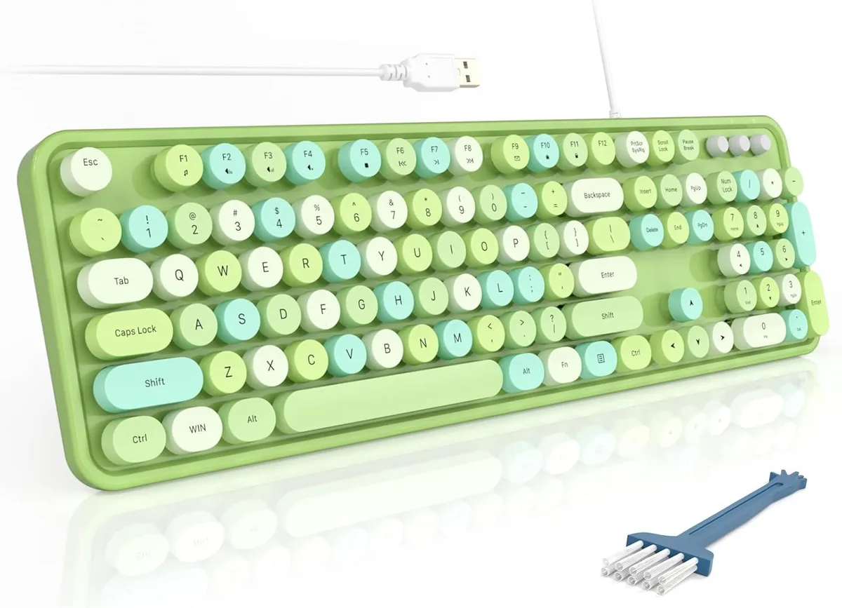 Green full-size wired keyboard with round retro keycaps and foldable stands