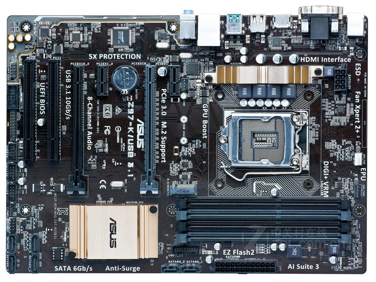 ATX motherboard dark PCB silver heatsinks LGA 1150 socket DDR3 slots SATA ports USB 3.1 label