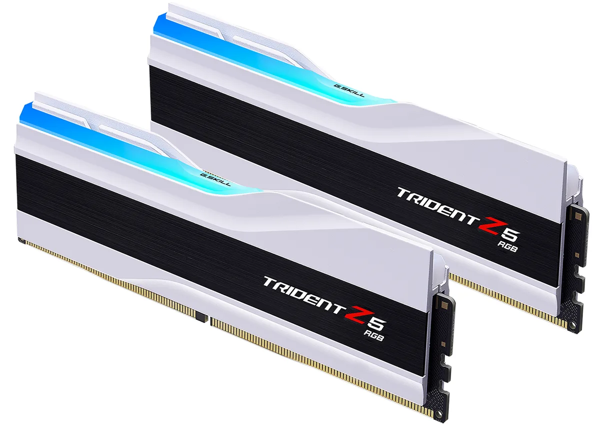 Two white DDR5 memory sticks with brushed aluminum strips and RGB light bars