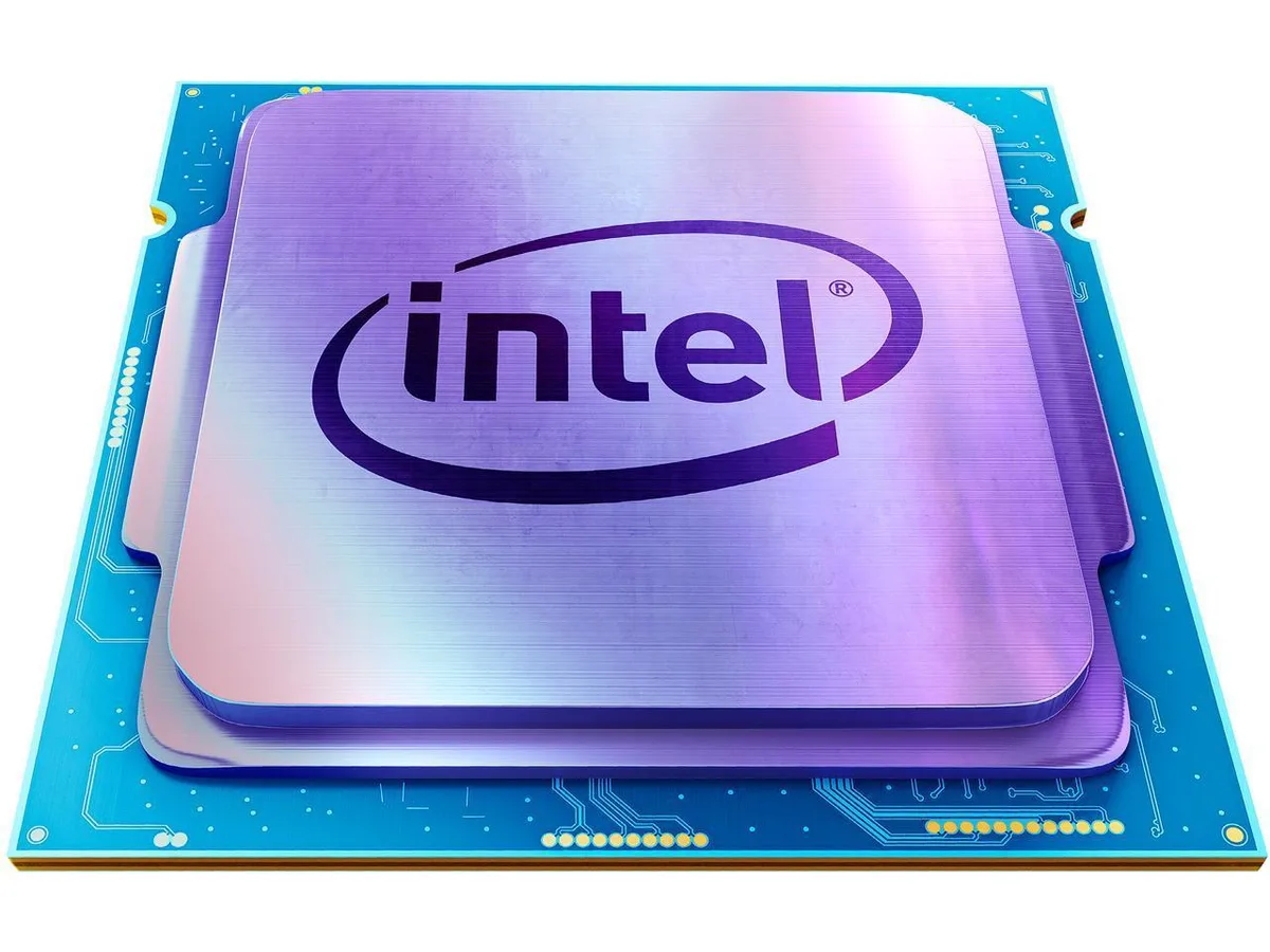 Green rectangular CPU with gold contact pads and silver heat spreader marked i7-10700