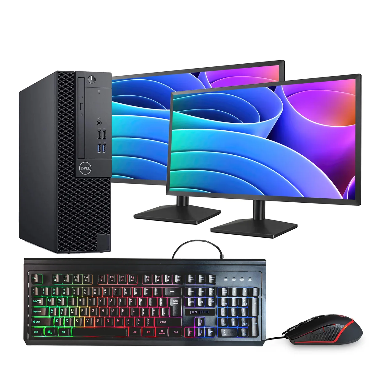 Black Dell OptiPlex 3060 tower with two 24 inch monitors