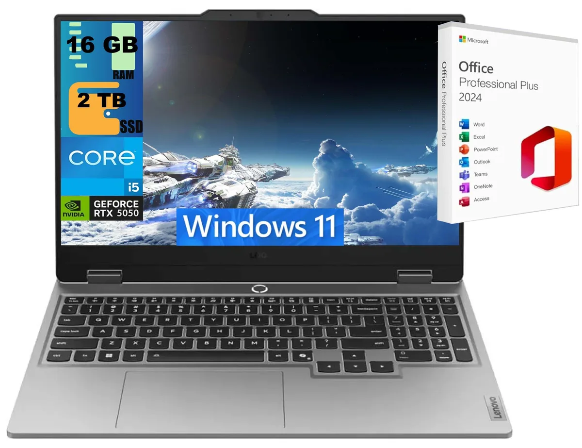 Gray Lenovo LOQ 15 gaming laptop, 15.6 inch FHD screen, backlit keyboard with numeric keypad