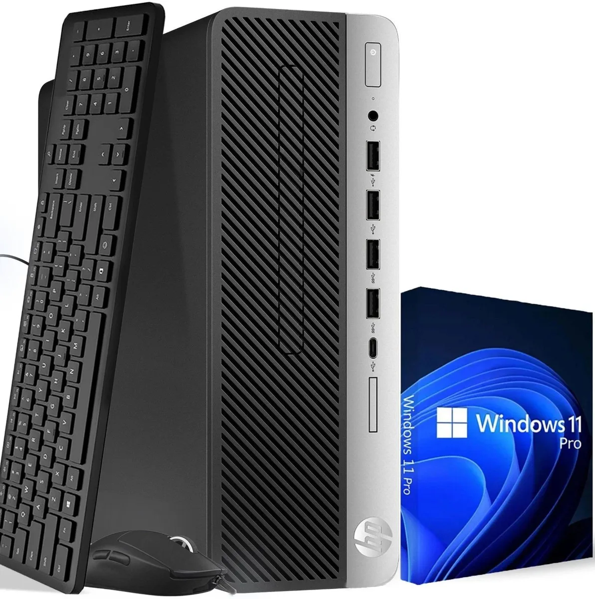 Small black desktop tower standing upright on a desk