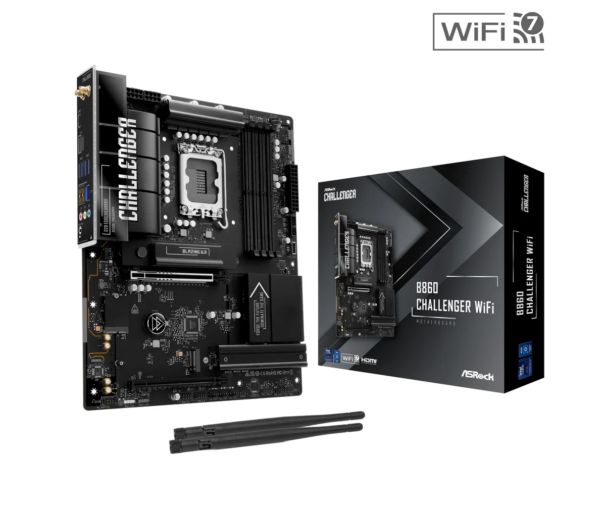 ATX motherboard with black PCB, silver heatsinks and four DDR5 slots