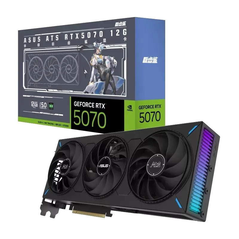 ASUS ATS GeForce RTX 5070 graphics card, dual-slot matte black cooler with three axial fans, metal backplate, two HDMI and three