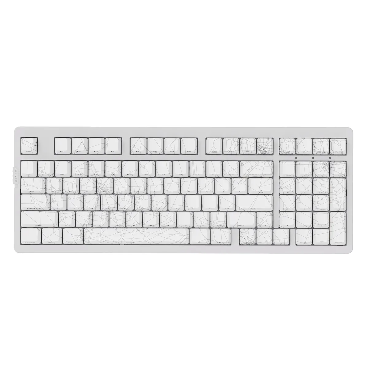 White 98-key mechanical keyboard with spider-web keycaps and RGB backlighting