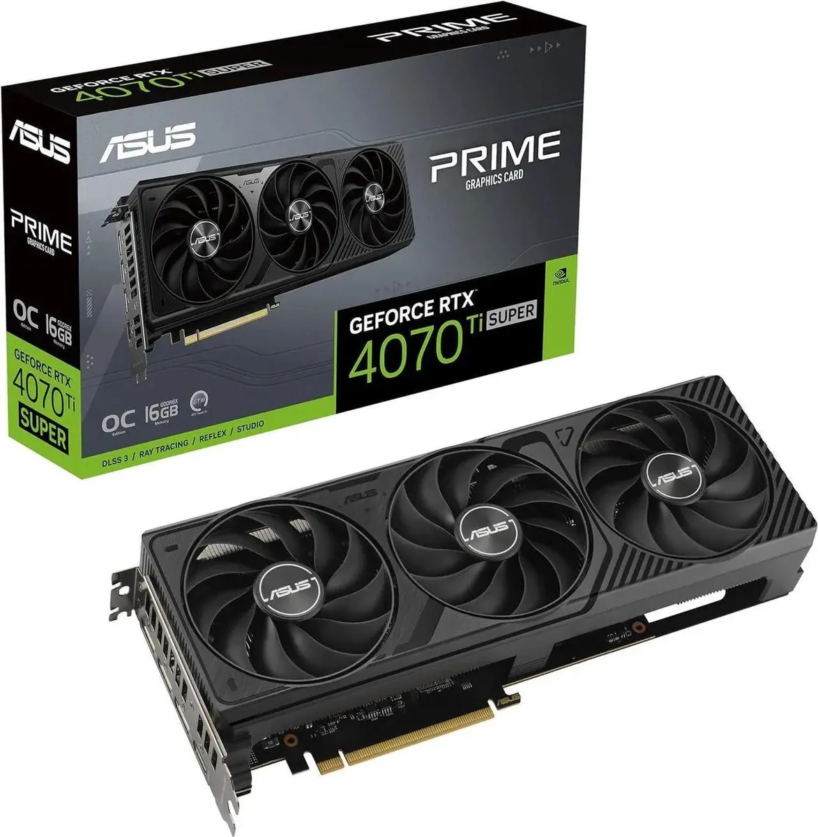 White and silver triple-fan graphics card, 2.5-slot design with reinforced backplate