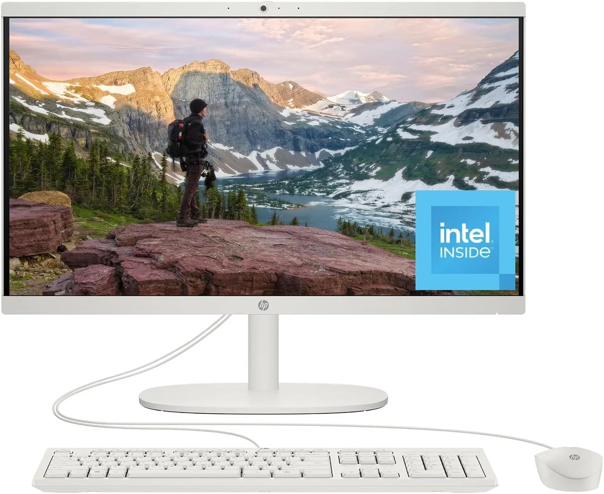 White 22-inch all-in-one desktop with integrated screen and built-in camera