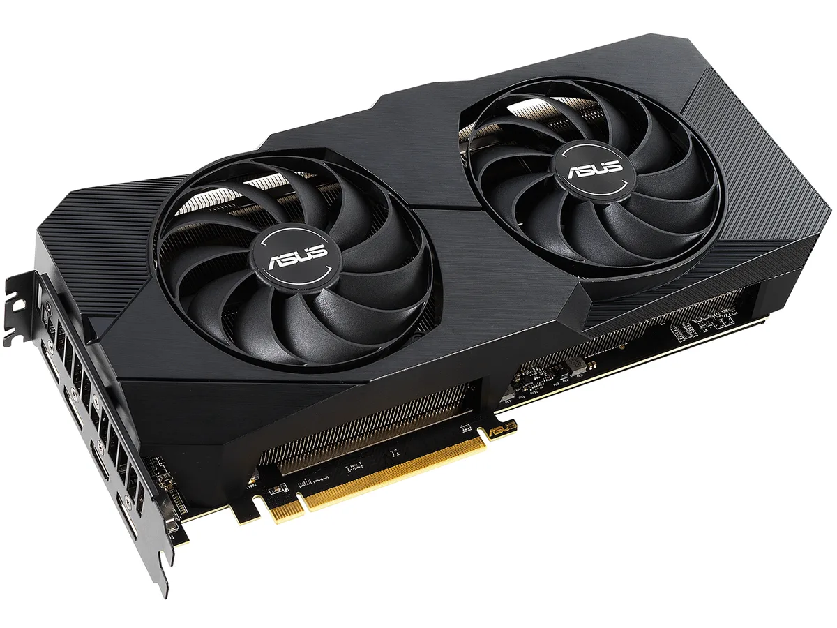 Dual-fan graphics card with dark grey shroud and silver backplate