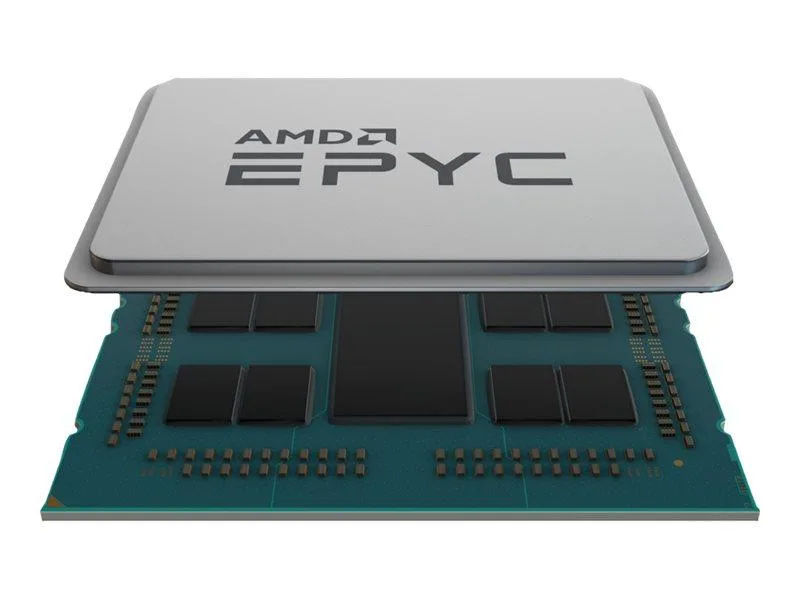 Square green ceramic processor with gold contact pads and silver metal heat spreader showing AMD EPYC branding