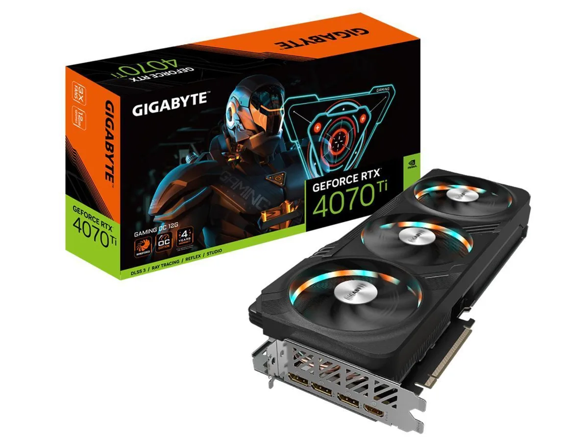 GIGABYTE GeForce RTX 4070 Ti GAMING OC V2 12G graphics card with three WINDFORCE fans, dark metal shroud and backplate