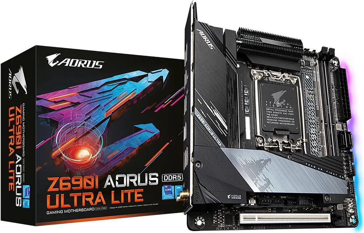 Compact Mini ITX motherboard with silver heatsinks and black PCB