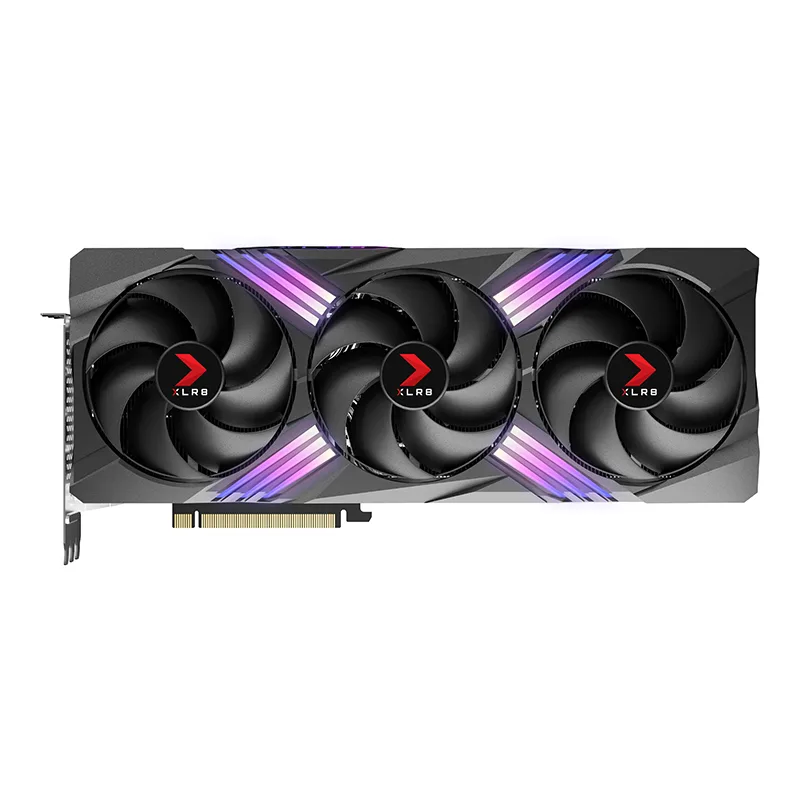 Black triple-fan graphics card with RGB lighting, 331 mm long, three-slot design