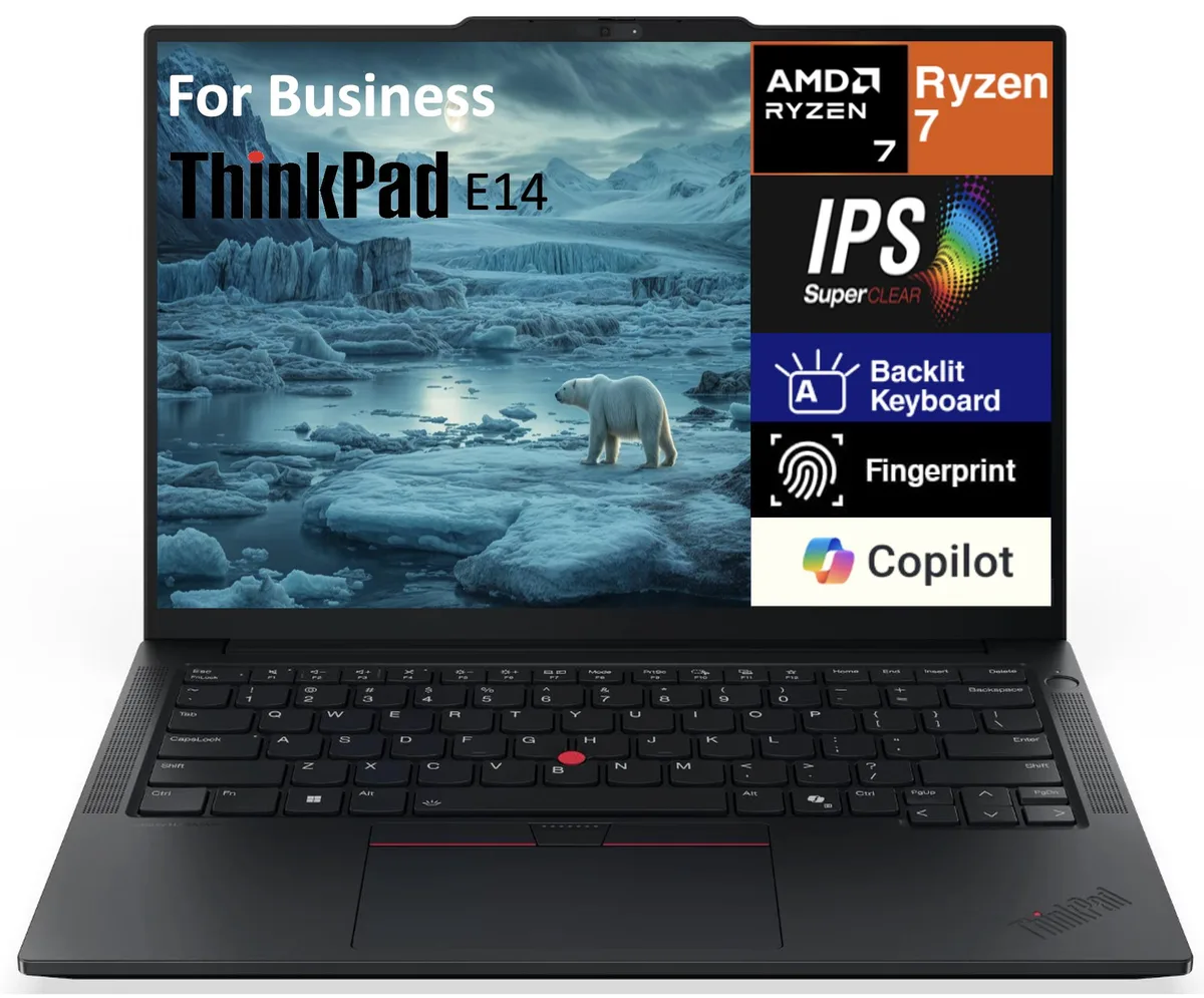Black ThinkPad E14 laptop closed on a plain background